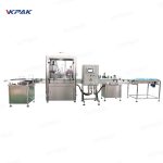 Automatische lijn voor het vullen, afsluiten en etiketteren van kleine cosmetische flessen